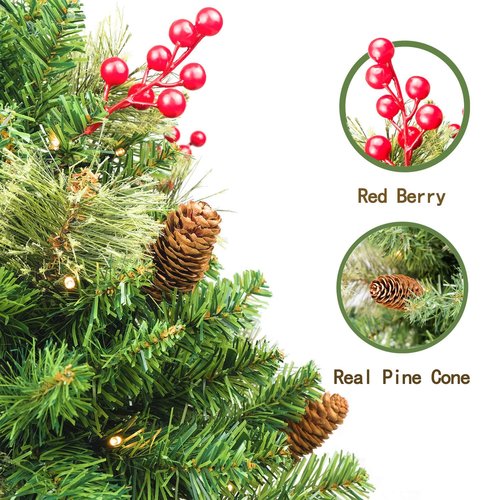 Christmas Tree 30 inch Prelit 2 Set Pathway Porch Christmas Trees Pre-Light LED Battery Operated Outdoor Xmas Decor for Entrance Driveway, Yard, Garden, Red Berries, Pine Cones