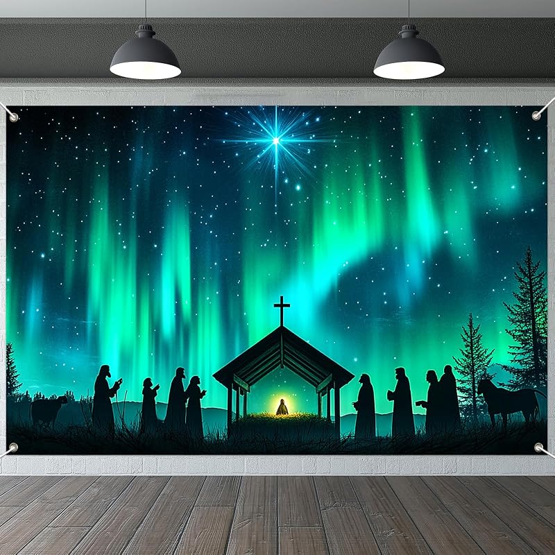 Nativity Banner 71x43 in with Bethlehem Star – Christmas Backdrop, Aurora Silhouette (Variation: Nativity Aurora Silhouette)