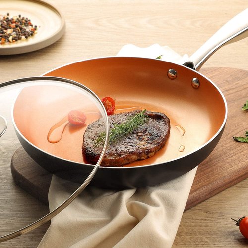 MICHELANGELO Copper Frying Pan Set with Lid, 8" & 10" +12'' Frying Pan Set