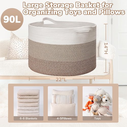 Goodpick Large Laundry Basket - Woven Rope Storage Bin for Toys & Blankets | 21.7'' x 13.8'', Light Brown