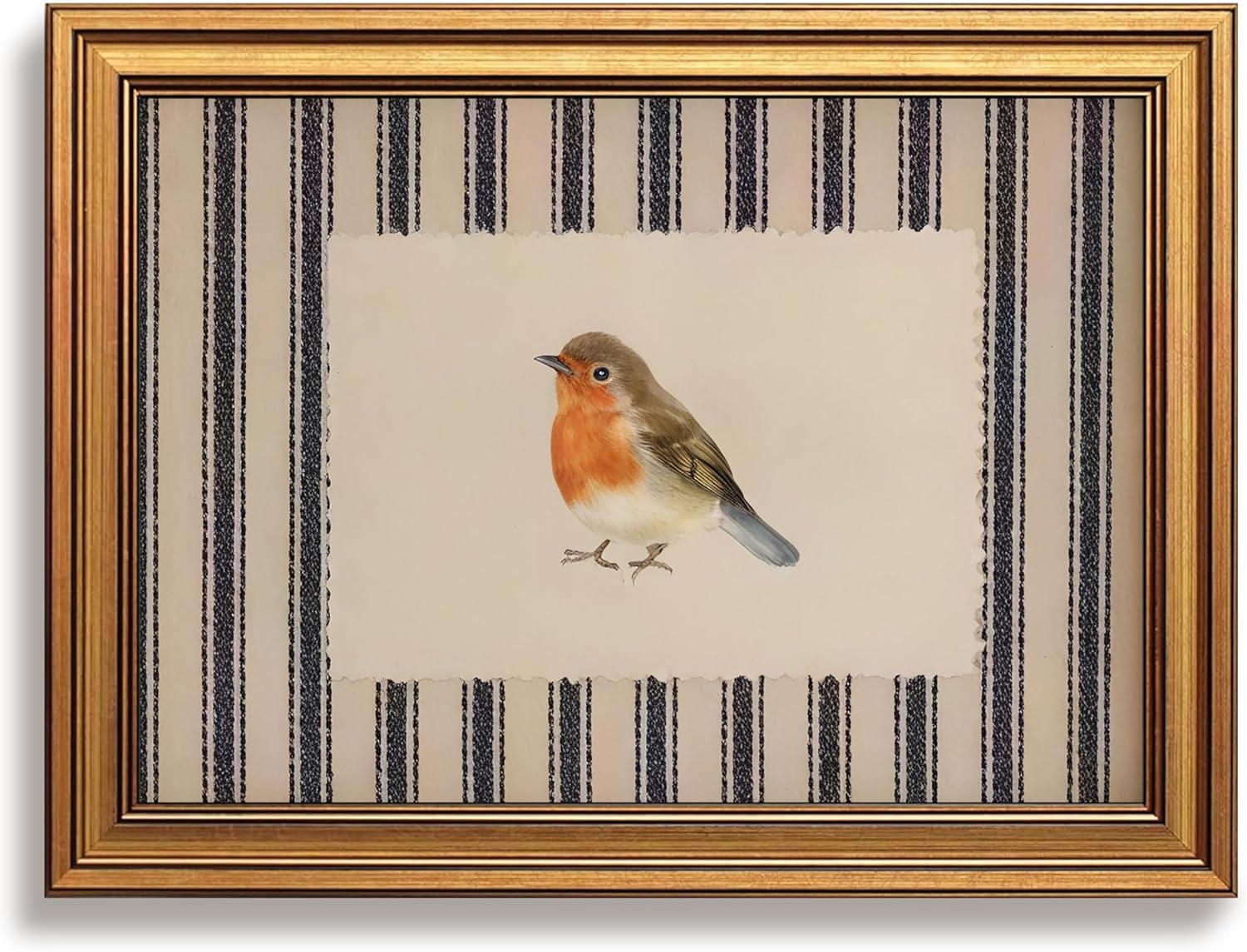 Vintage Gold Framed Bird Wall Art - Cottagecore Robin Illustration Canvas Print | 12x16 Inch Decor