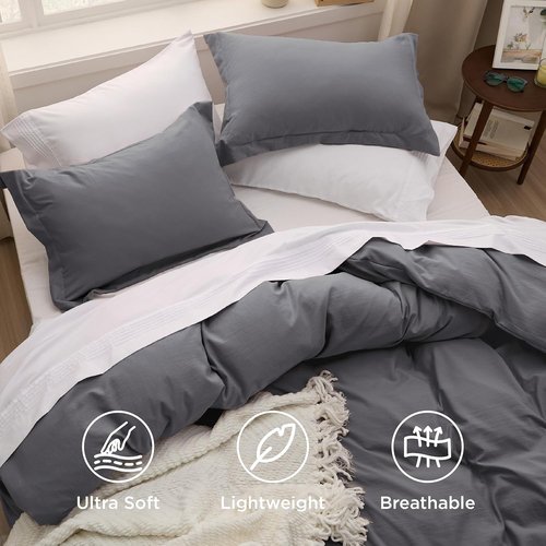 Bedsure Charcoal Grey Duvet Cover Set - Soft 3-Piece Queen Size with Zipper Closure | 90x90 Inches