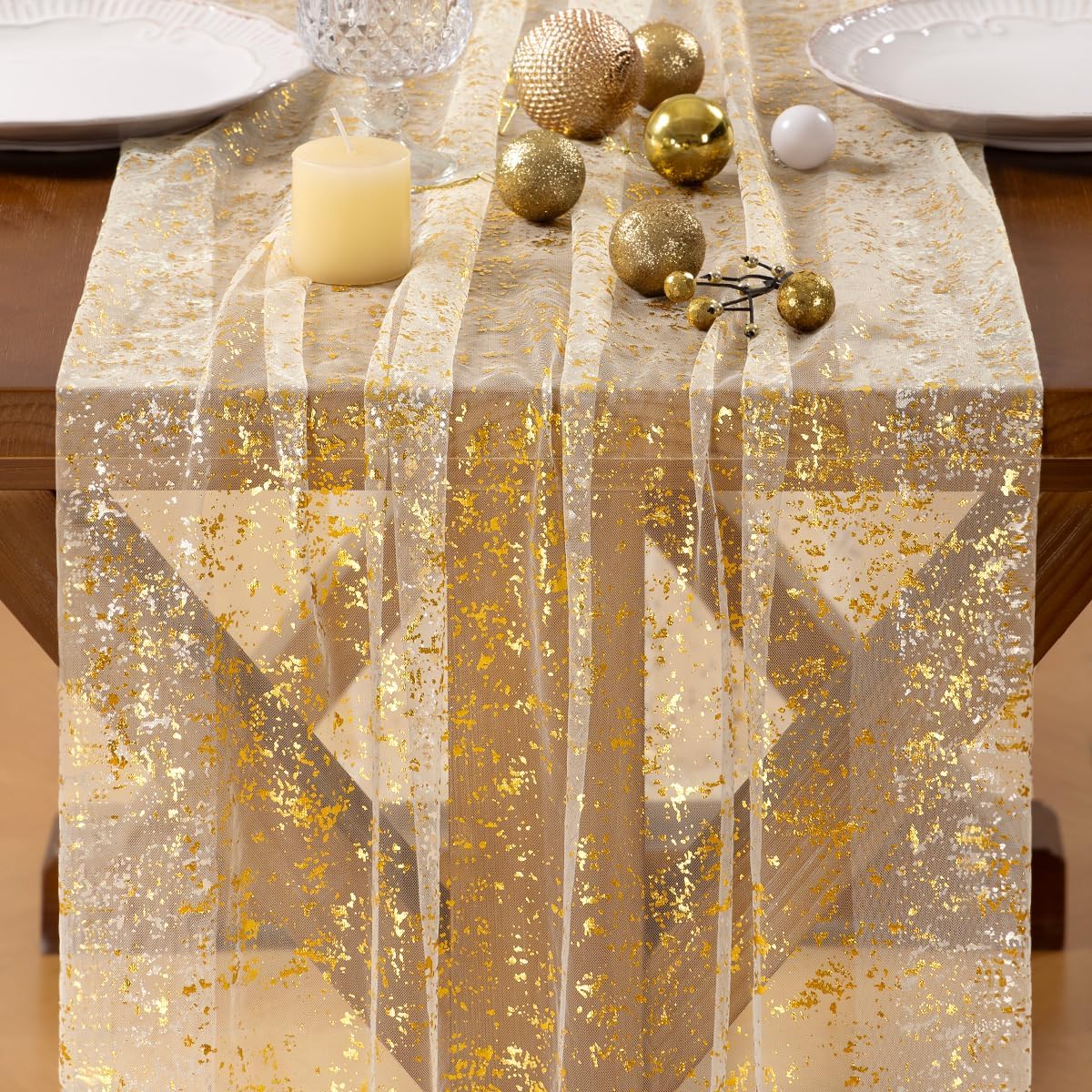 Socomi Gold Table Runner - Sheer Glitter Chiffon for Weddings & Parties | 10FT Beige Centerpiece Decor
