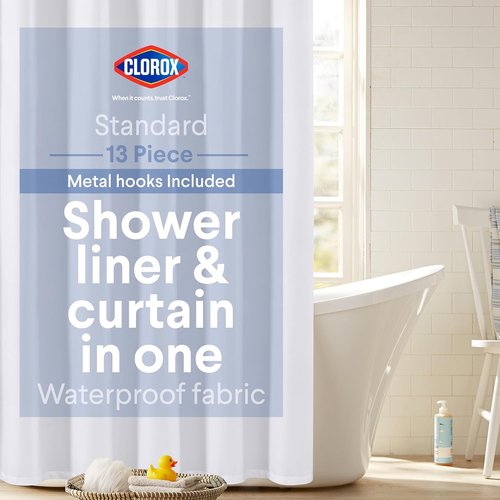 Clorox 2-in-1 Bathroom Shower Curtain Liner - Durable Fabric, Weighted Magnets, 72" x 72", White