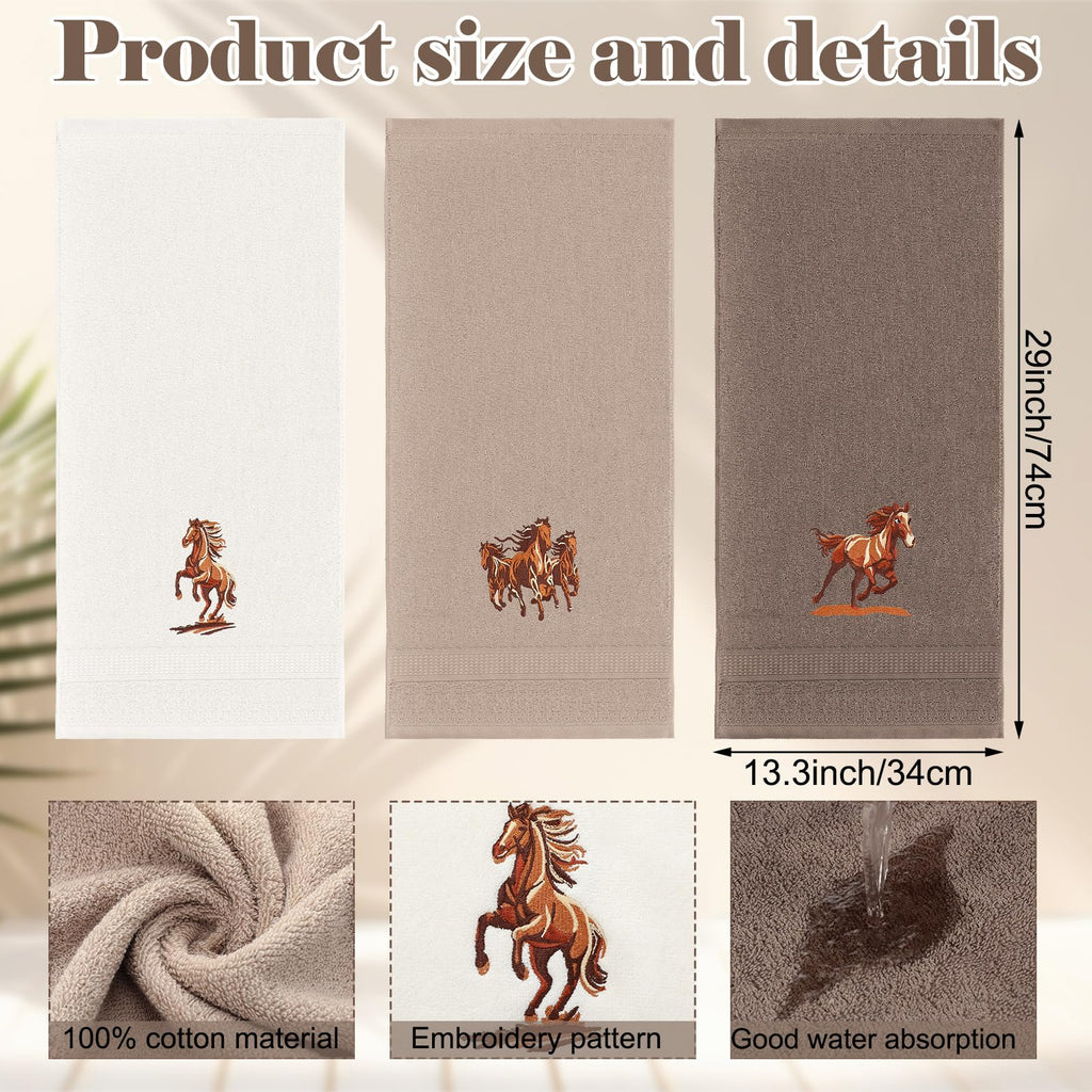 Hillsuren 3 Pcs Western Horse Hand Towels Set for Bathroom 100% Cotton Embroidered Decorative Equestrian Horse Themed Gifts Farmhouse Towels for Bathroom Kitchen Decor 13. 3 x 29. 5''