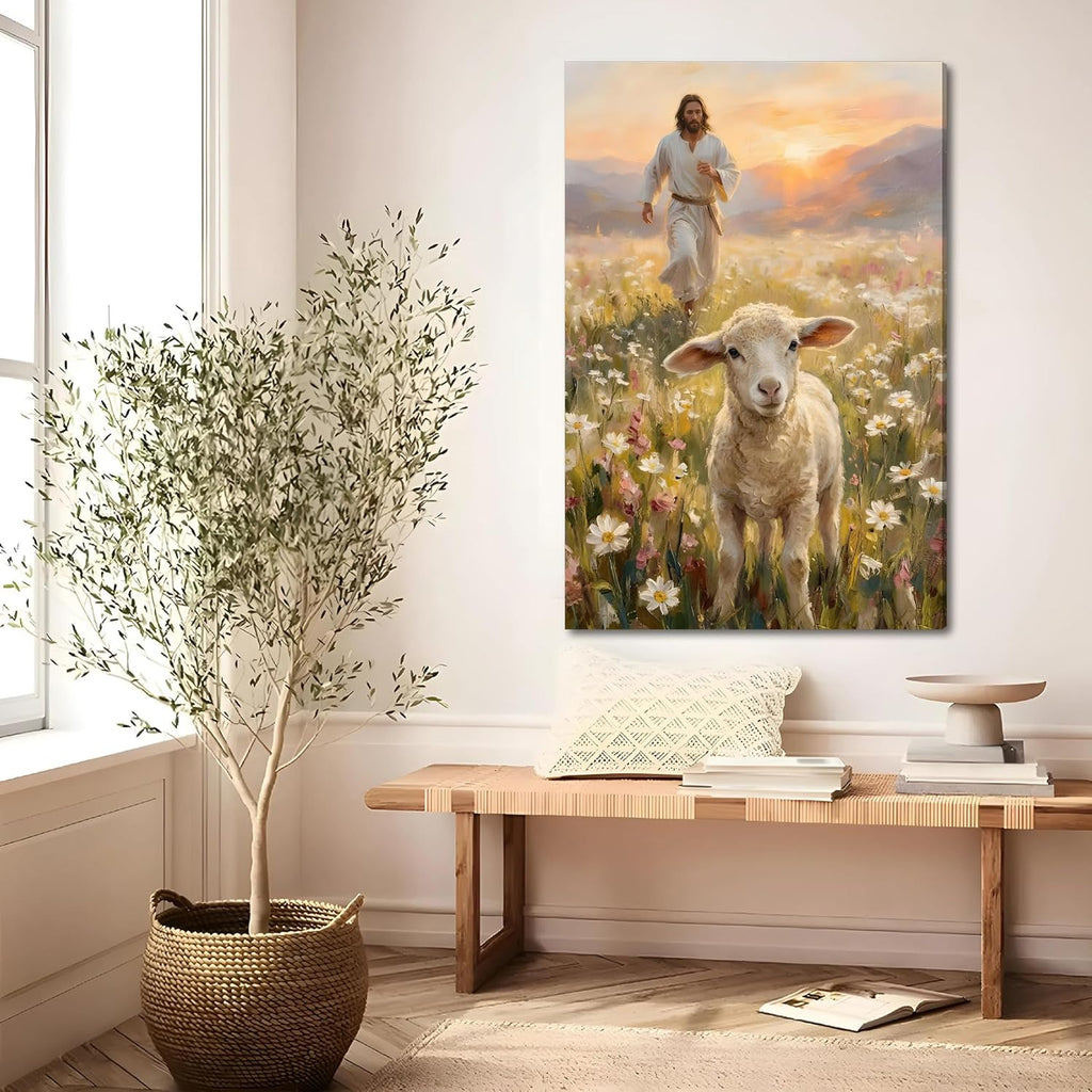 SIXWOOD Canvas Wall Art - Good Shepherd Jesus with Lost Sheep | Framed 12x16 in Christian Decor