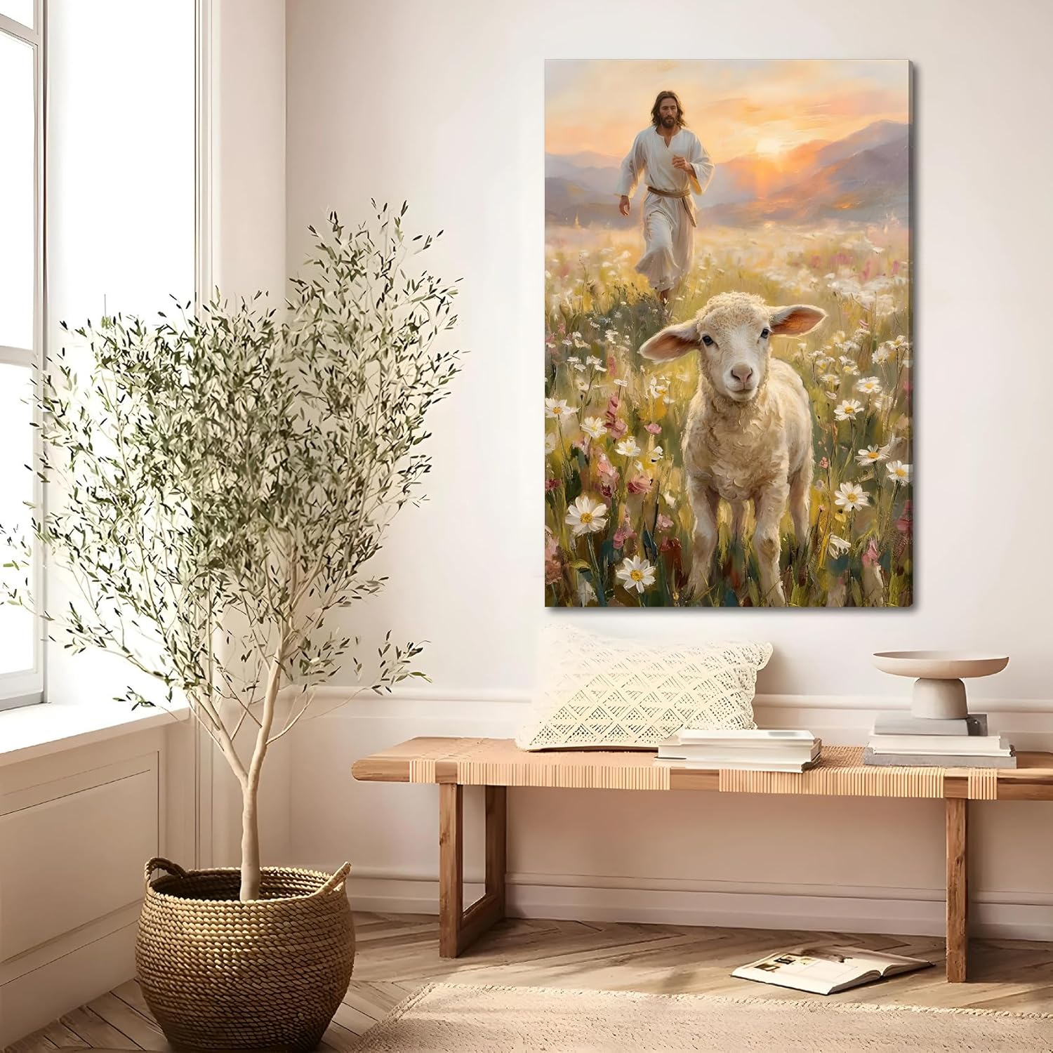 SIXWOOD Canvas Wall Art - Good Shepherd Jesus with Lost Sheep | Framed 12x16 in Christian Decor