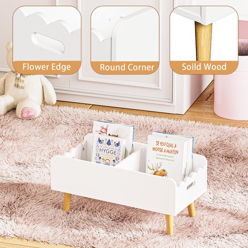 GRANTLEY Montessori Kids Bookshelf for Toddler - Wooden Book Shelf with Toy Storage for Kids Rooms, Floor Book Case for Nursery with Dividers（White）