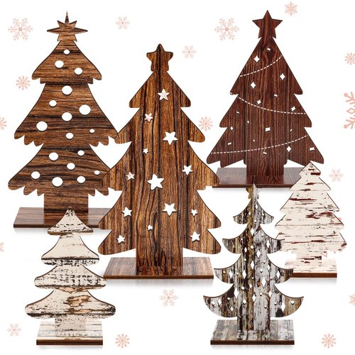 Atiloy 6PCS Wooden Christmas Trees Tabletop Decor Farmhouse Christmas Decor Wooden Christmas Trees Centerpieces Table for Christmas Home Office Farmhouse Tiered Tray Decorations