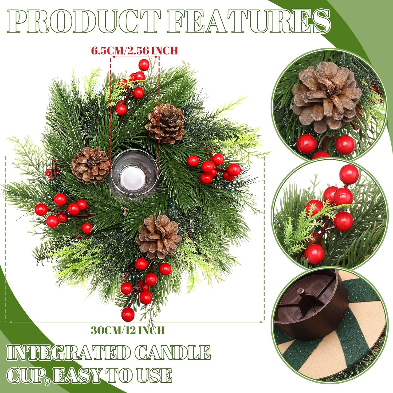 Mumufy Christmas Centerpiece Candle Holder - 12-Inch Mini Tabletop Decoration with Pine Cones & Red Berries