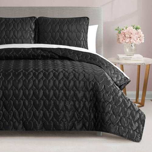 Juicy Couture Satin Heart Stitched 2 Piece Twin/Twin XL Quilt Set, Black Luxury Bedding Set