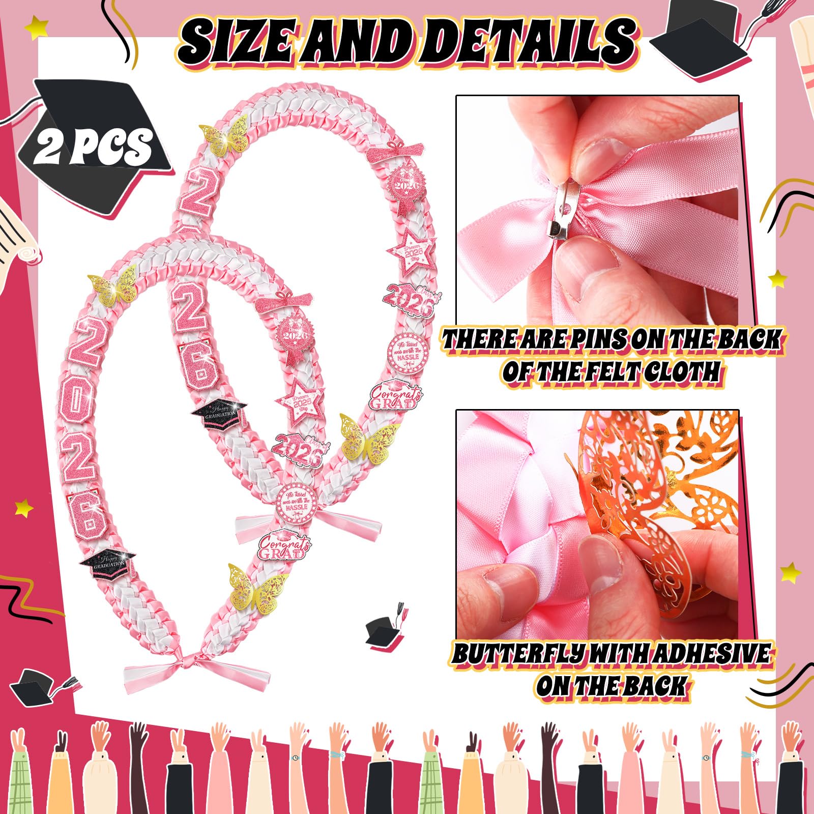 Suncalla 2pcs Pink Graduation Leis Class of 2026 Coquette Money Butterfly Ribbon Leis for Graduation Necklace with Pins Braided Ribbon Necklace for Grad Gift High School University Ceremony DIY Decor