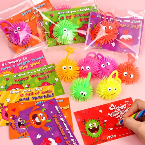 24 Pack Valentines Day Cards for Kids Classroom with LED Puffer Balls, Valentines Gifts for Kids School Class Exchange Prizes Party Favors Valentines Light Up Toys Stress Relief Balls for Boys Girls