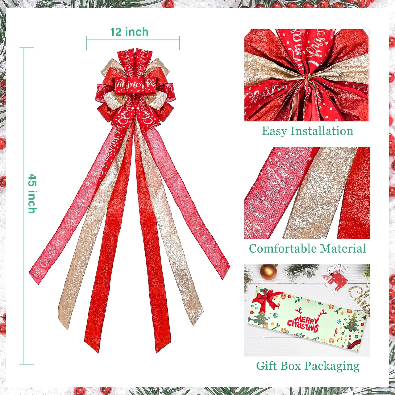 Regine Switzerland Christmas Tree Topper - Large 45"x12" Rustic Red Bow with Letter Pattern for Holiday Decor