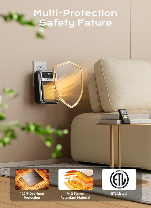 Minetom Portable Plug In Space Heater, 800W Small Wall Heater for Indoor Use, Remote, 12H Timer, ECO Mode, Overheat Protection, Fast and Safe Heat for Bathroom Garage Office Bedroom Home