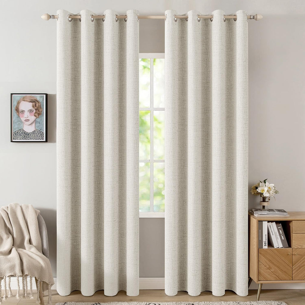 MIULEE Linen Curtains - 100% Blackout Thermal Insulated Drapes | Beige, 52x96 Inch (2 Panels)