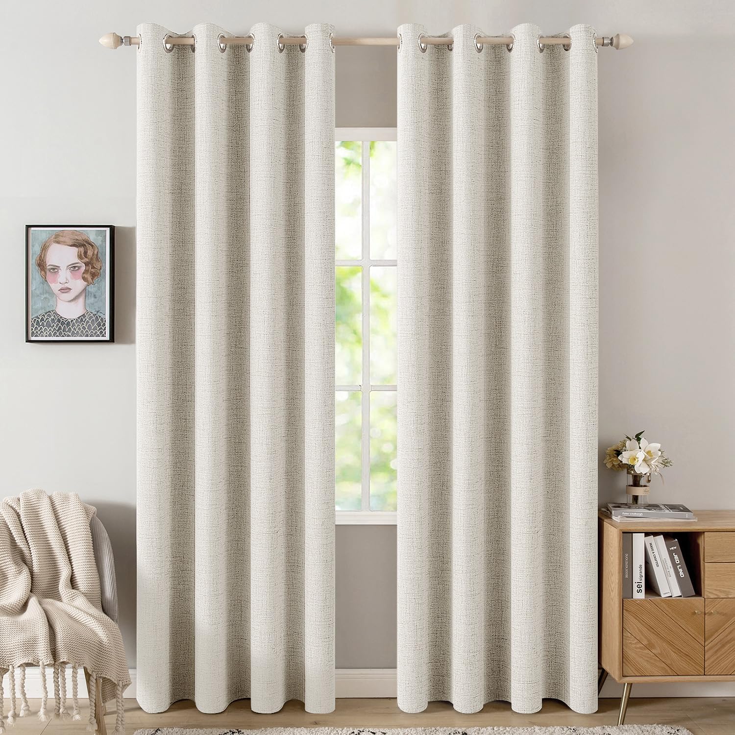 MIULEE Linen Texture Curtains - 100% Blackout Thermal Insulated Drapes | Beige, 52x90 Inch (2 Panels)