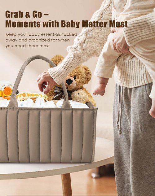 SWEET DOLPHIN 2-Pack Quilted Diaper Caddy Organizer – Premium Puffer Style Nursery Storage Bins – Water-Resistant & Wipeable Changing Table Organizer – Trendy Tote for Home & Car Travel - Mocha Brown
