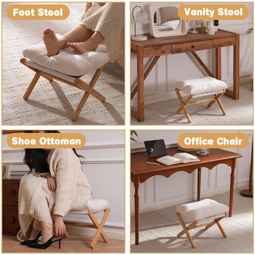 Baveke Ottoman Foot Rest- Bamboo Foldable Stool, Foot Stools Small Ottman with Upholstered & X Legs, Folding Shoe Bench, Bedroom and Living Room (Small Beige)