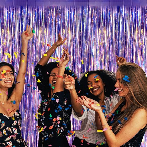 Iridescent Fringe Backdrop by [Brand Name] - 3.28x6.56 Ft Purple Foil Curtain for Mermaid Party Decor | Ocean & Beach Theme