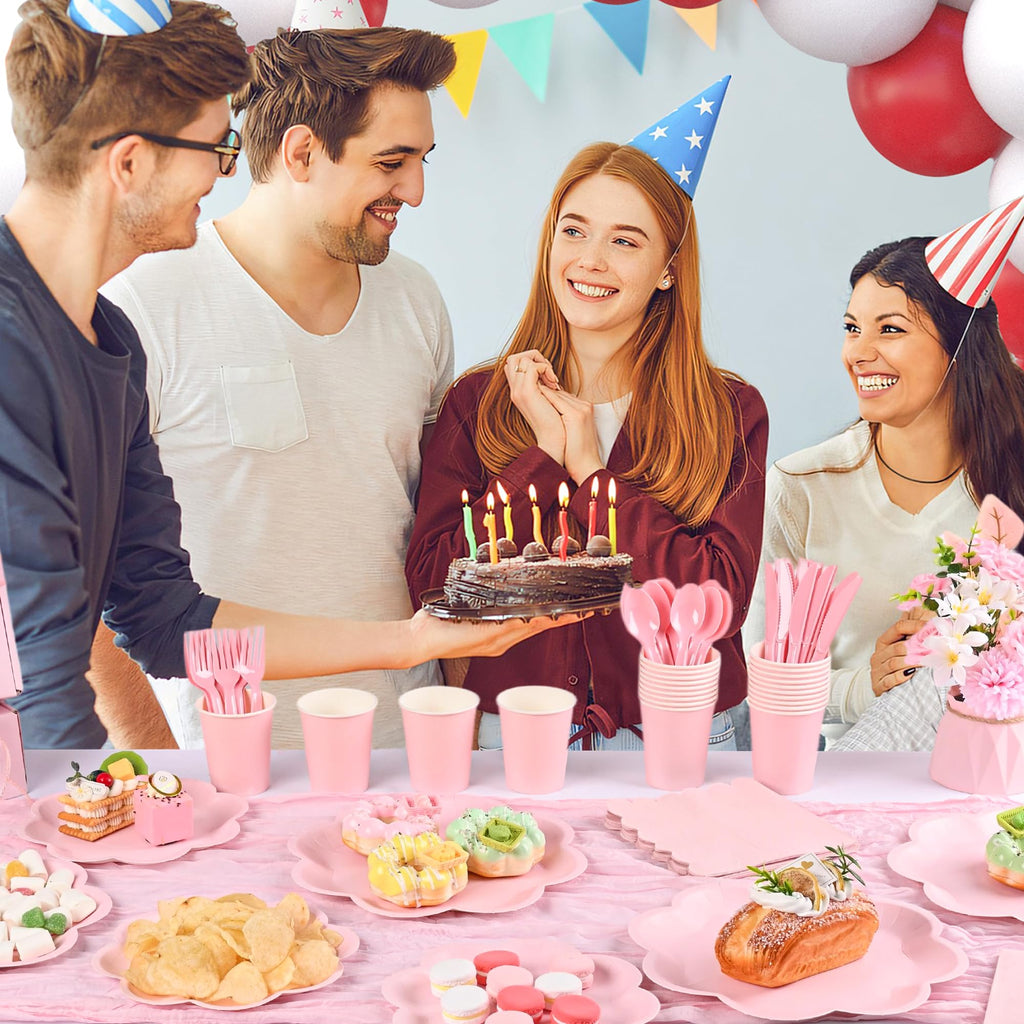 350 Pcs Pink Paper Plates and Napkins Set, Tableware Set for 50 Guests Include Disposable Pink Scalloped Plates, Napkins, Cups, Knives, Forks & Spoon for Baby Shower Mother's Day Wedding Birthday