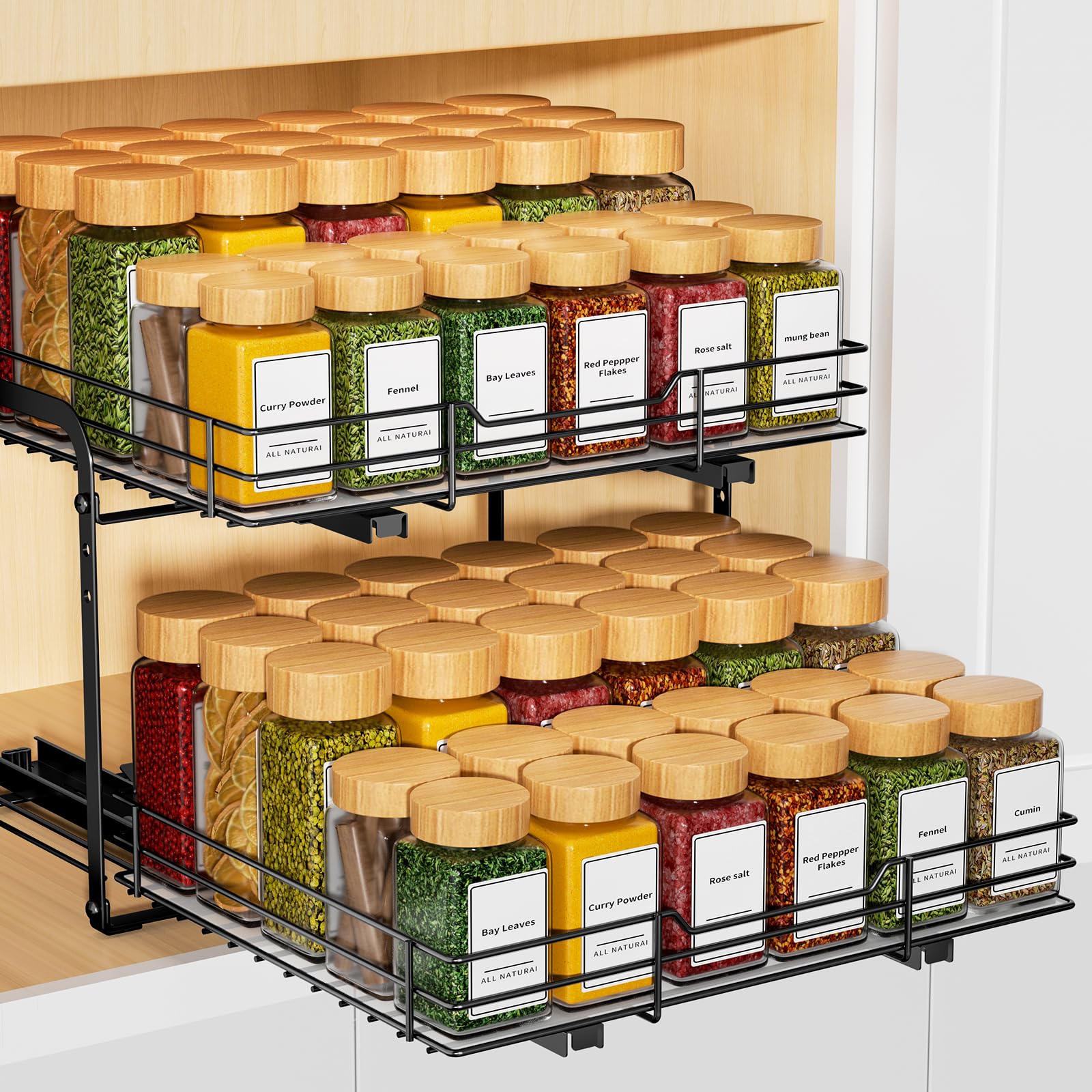RCHYFEED Spice Rack Organizer for Cabinet, 2 Tier Slide out Spice Organization for Inside Cabinets & Pantry, Heavy Duty Adjustable Metal Spice Racks for Seasoning Organizer (13.5" Wx10.5 Dx9.5 H)