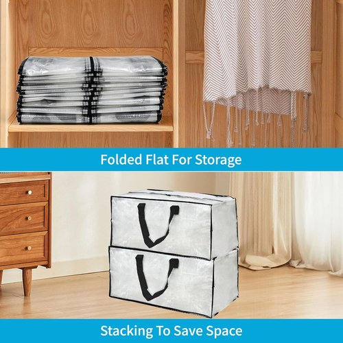 Clear Moving Bags - 8 Pack Large Foldable Storage Bags with Handles for Clothes & Bedding