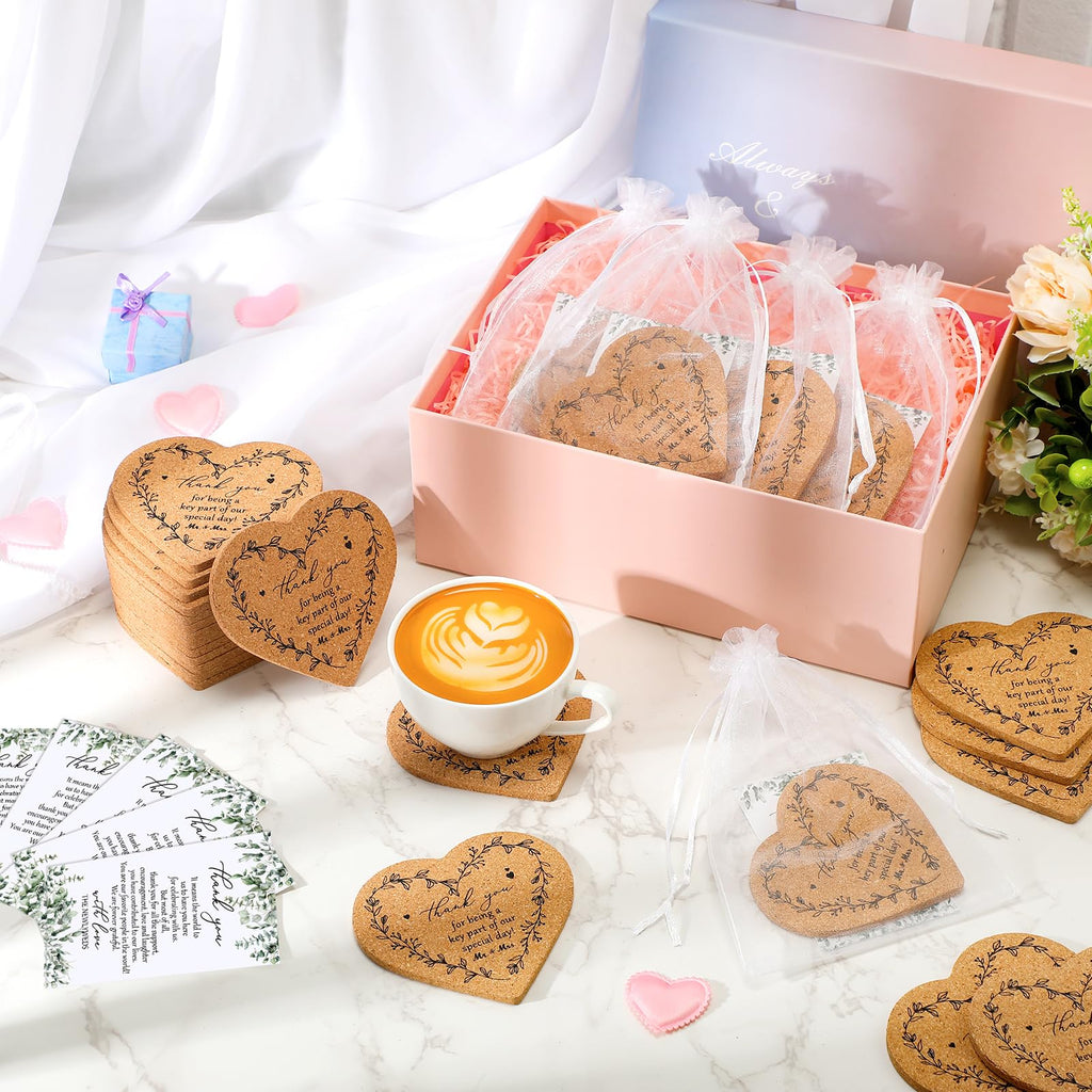 150 Sets Rustic Wedding Favor Coasters, Heart Cork Coasters for Guests, Mr & Mrs Coaster Favors with Thank You Cards & Organza Bags, Bridal Shower Party