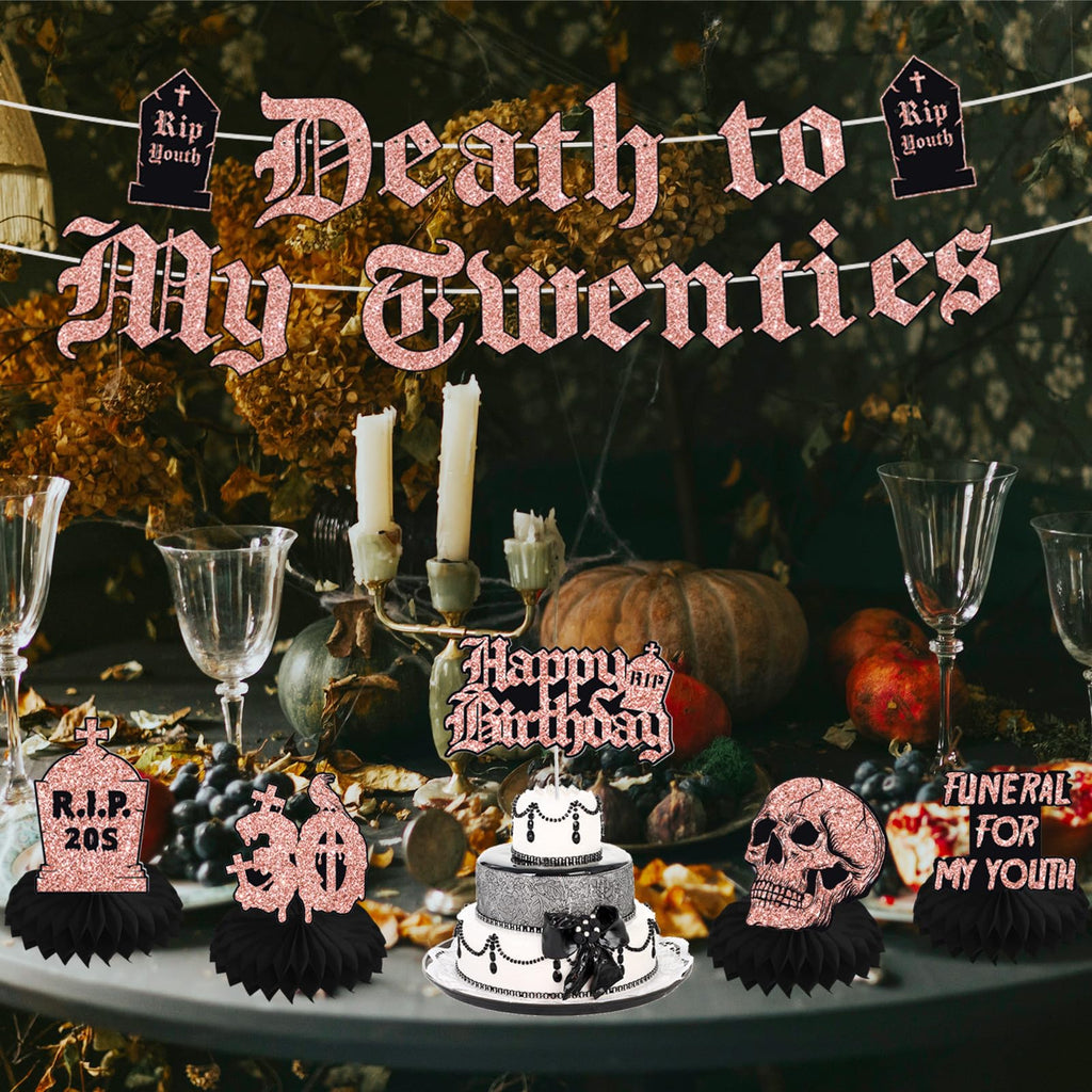 Crenics Rose Gold and Black Death to My 20s Decorations - Death to My Twenties Backdrop, Banner, Honeycomb, Sash, Hanging Swirls, Cake Topper and Balloons for 30th Birthday Party Decorations for Her