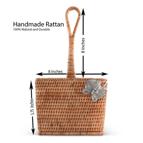 Vagabond House Utensil Caddy - Elegant Rattan Cutlery Holder for Party, Designer Utensil Holder with 4 Compartments, Functional Wicker with Pewter Orchid Flower, Ideal for Tropical Home 12 Inches