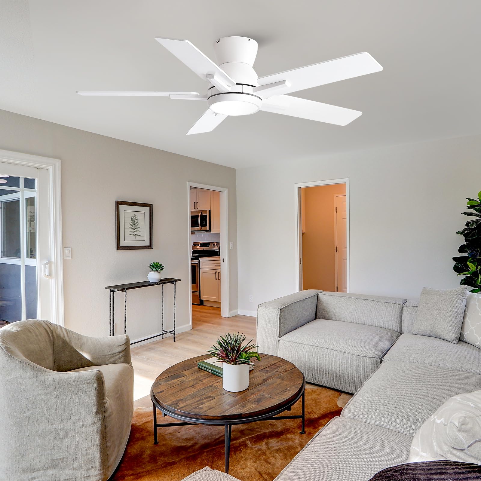 Sevenine 42'' White Flush Mount Ceiling Fan with Light & Remote, ETL Listed