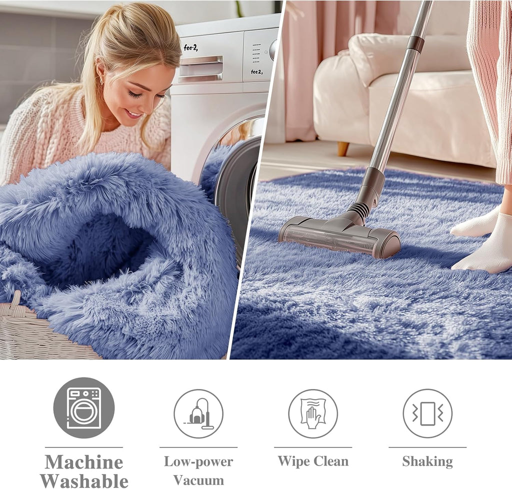 OLANLY Denim Blue Round Rug - Soft, Fluffy Shaggy Carpet | 7 ft Machine Washable Area Rug for Bedroom & Living Room