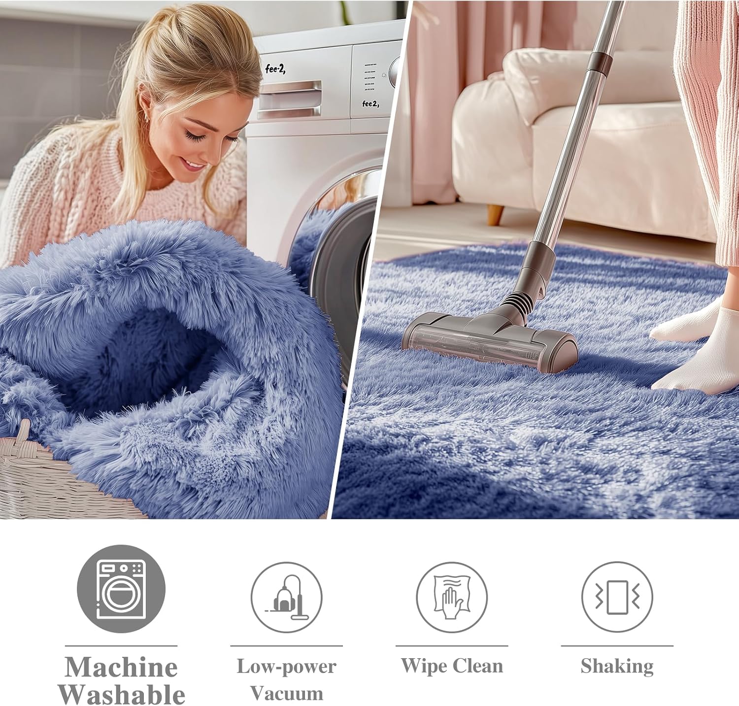 OLANLY Denim Blue Round Rug - Soft, Fluffy Shaggy Carpet | 7 ft Machine Washable Area Rug for Bedroom & Living Room