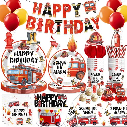 193pcs Firetruck Birthday Decorations Include Fire Truck Plates and Napkins Set, Banner, Hanging, Tablecloth, Balloon, Cupcake Topper, Centerpieces, for Firefighter Party Decorations, Serves 25