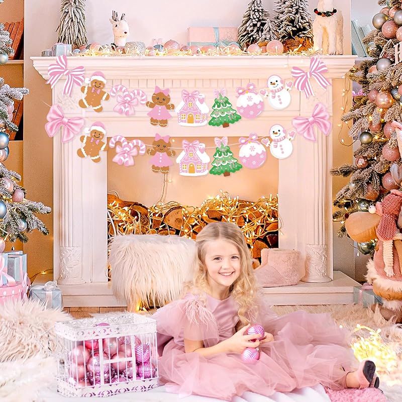 Pink Gingerbread Christmas Banner Set - 3 Piece Wall Garland with Bows