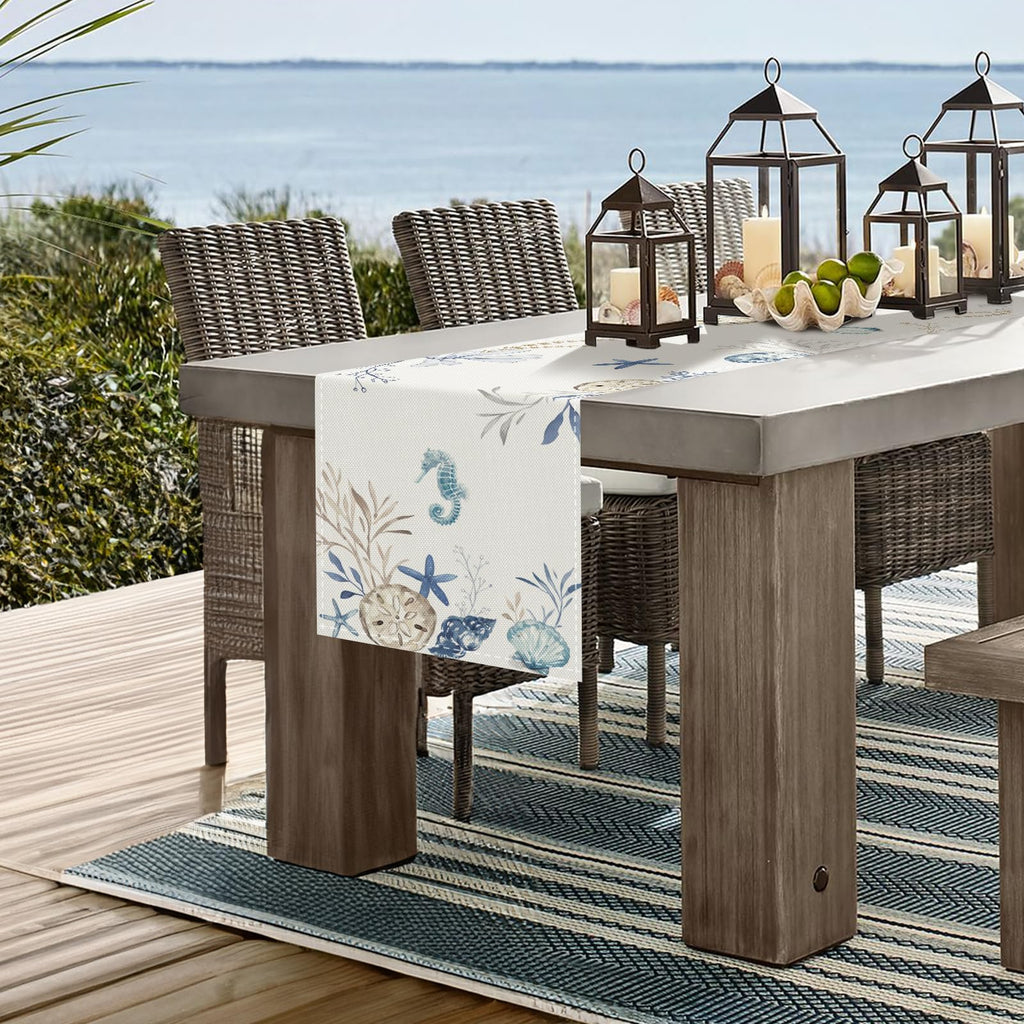 Bonhause Nautical Coastal Table Runner 13x72 Inch Ocean Beach Seahorse Starfish Seashell Summer Kitchen Dinning Table Decoration for Indoor Outdoor Home Party Decor