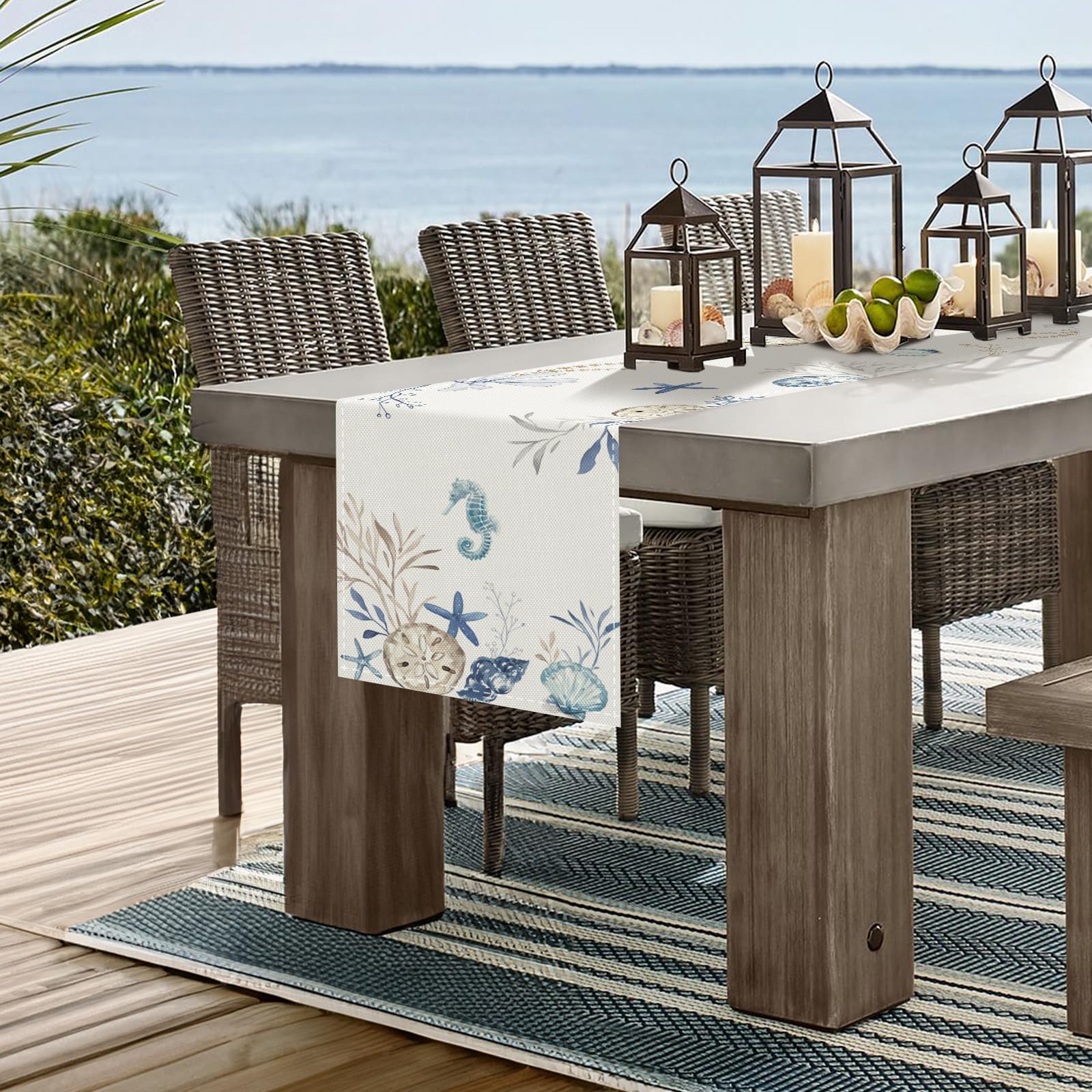 Bonhause Nautical Coastal Table Runner 13x72 Inch Ocean Beach Seahorse Starfish Seashell Summer Kitchen Dinning Table Decoration for Indoor Outdoor Home Party Decor