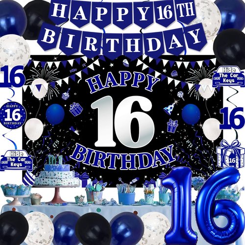 16th Birthday Decorations for Boys Girls, Blue Black Happy 16th Birthday Party Decorations, Happy 16th Birthday Backdrop, 16 Foil Balloons, Banner, Balloons, Hanging Swirls, Birthday Cards Set 45pcs