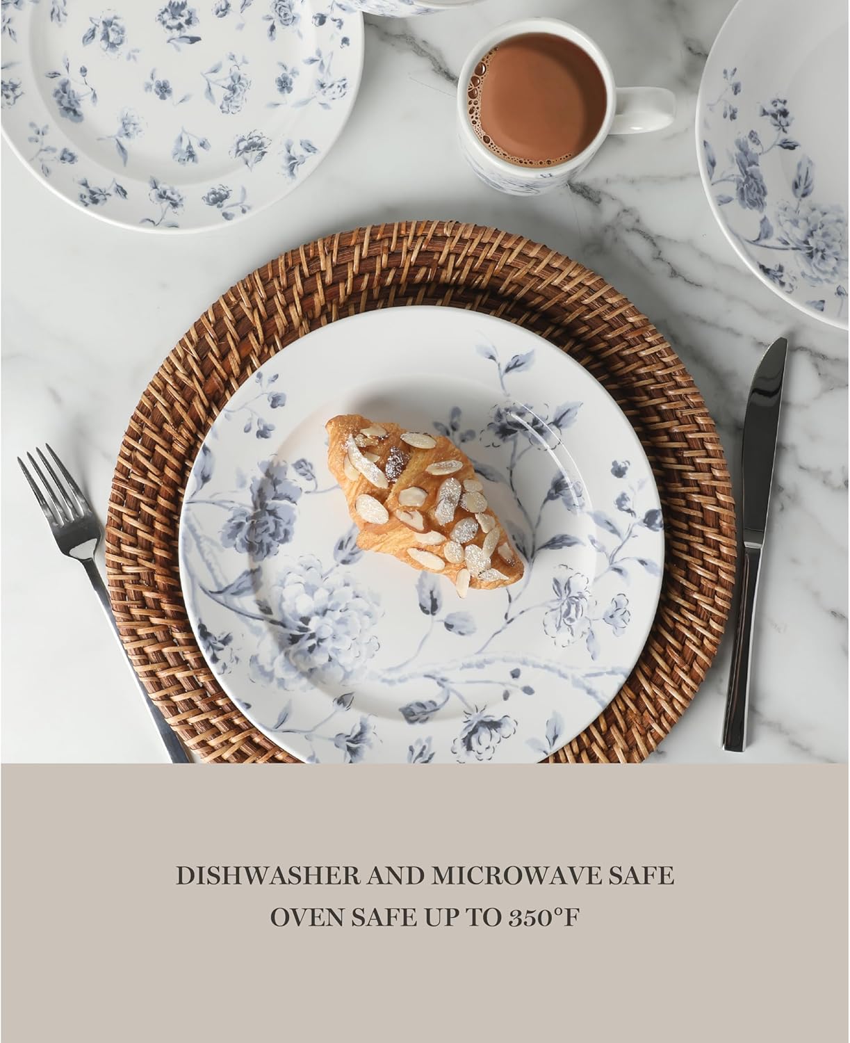 Martha Stewart Empress Bouquet Dinnerware Set - 30 Piece Porcelain Plates & Bowls | Chip & Scratch Resistant, Blue Floral