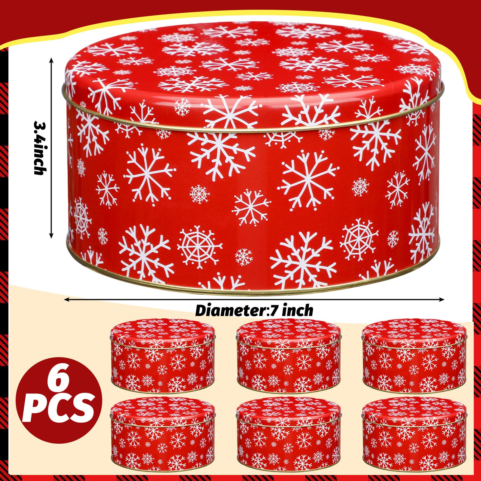 Suttmin 6 Pcs Christmas Cookie Tins with Lids 7 Inch Round Metal Snowflake Container Xmas Cookie Boxes Empty Holiday Decorative Tins for Gift Giving Baking Chocolate Snack Storage