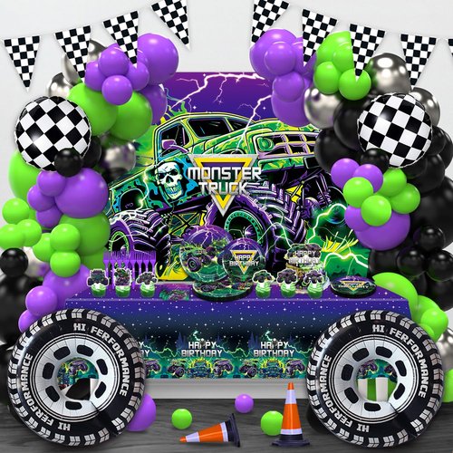 Heidaman 186Pcs Monster Truck Birthday Decorations，Monster Truck Balloon arch，Monster Truck Party decorations，Include Balloon arch,Banner，Backdrop, Cake Toppers，Tableware, Tablecloth