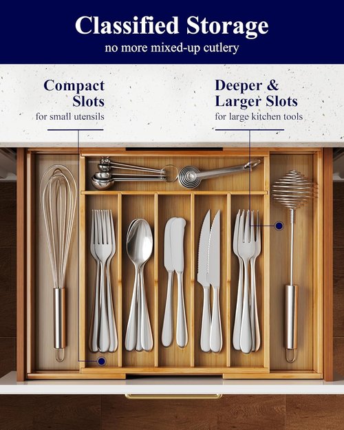 Kitsure Silverware Organizer - Expandable Bamboo Drawer Storage for Utensils & Cutlery | Large Natural Design