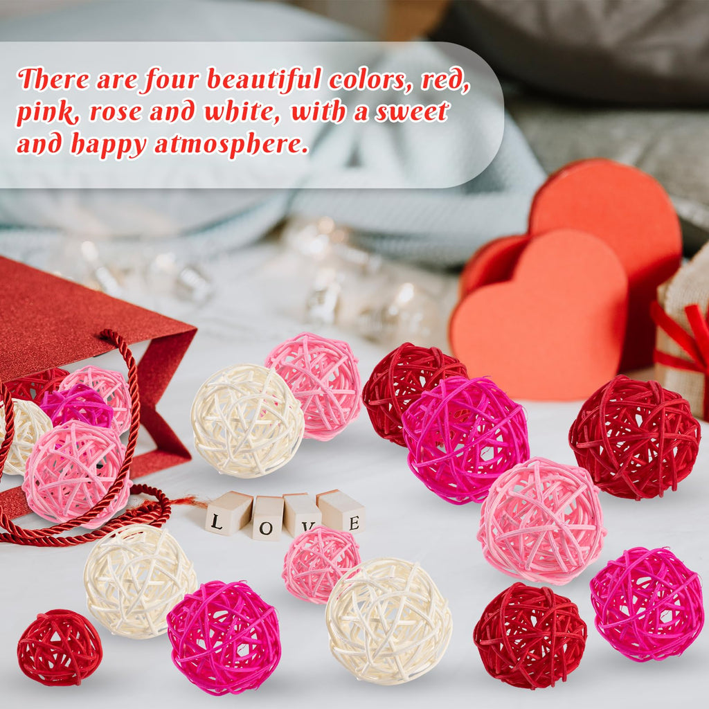 GuassLee 24Pcs Valentine's Day Decorative Rattan Balls, Pink Red Grey Wicker Balls Decorations for Valentine's Day Decor Centerpiece DIY Crafts Vase Bowl Orbs Filler Wedding Home Decor, 1.2"/2"/2.4"