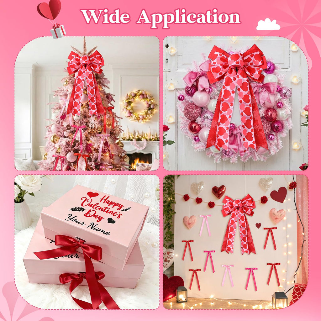 CEELGON Valentines Day Decorations Large Pink and Red Valentine Tree Topper Bow & 12 Pcs Long Satin Ribbon Bows Ornaments Wreath for Holiday Home Wall Decor