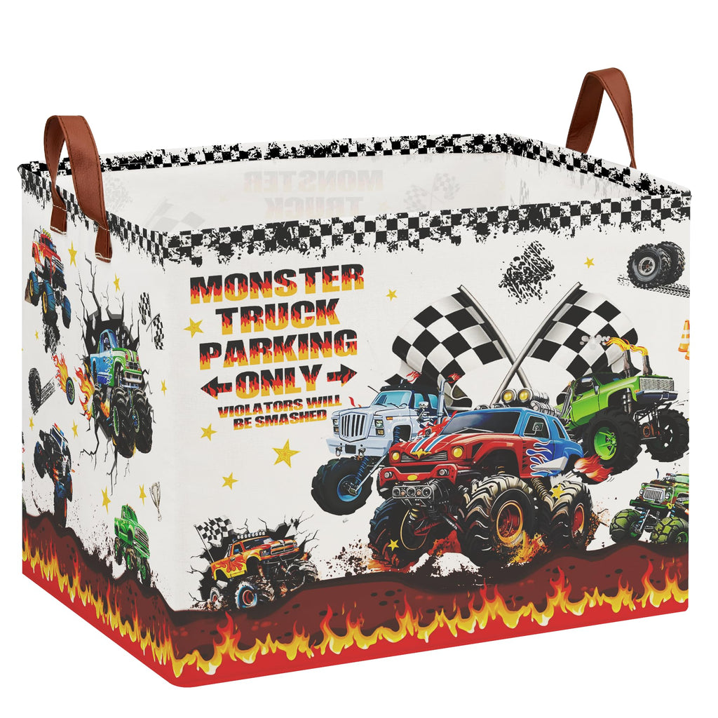 XHWZOF Monster Trucks Storage Basket with Monster Truck Parking Sign,Car Room Decor for Boys ,Kids Laundry Basket Gift Bag Storage Organizer(Monster Trucks-Flag)