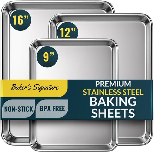 Baker's Signature Stainless Steel Baking Sheet Set | Includes 120 Pcs Parchment Paper – Non-Toxic, Silicone Coated, 12x16 In
