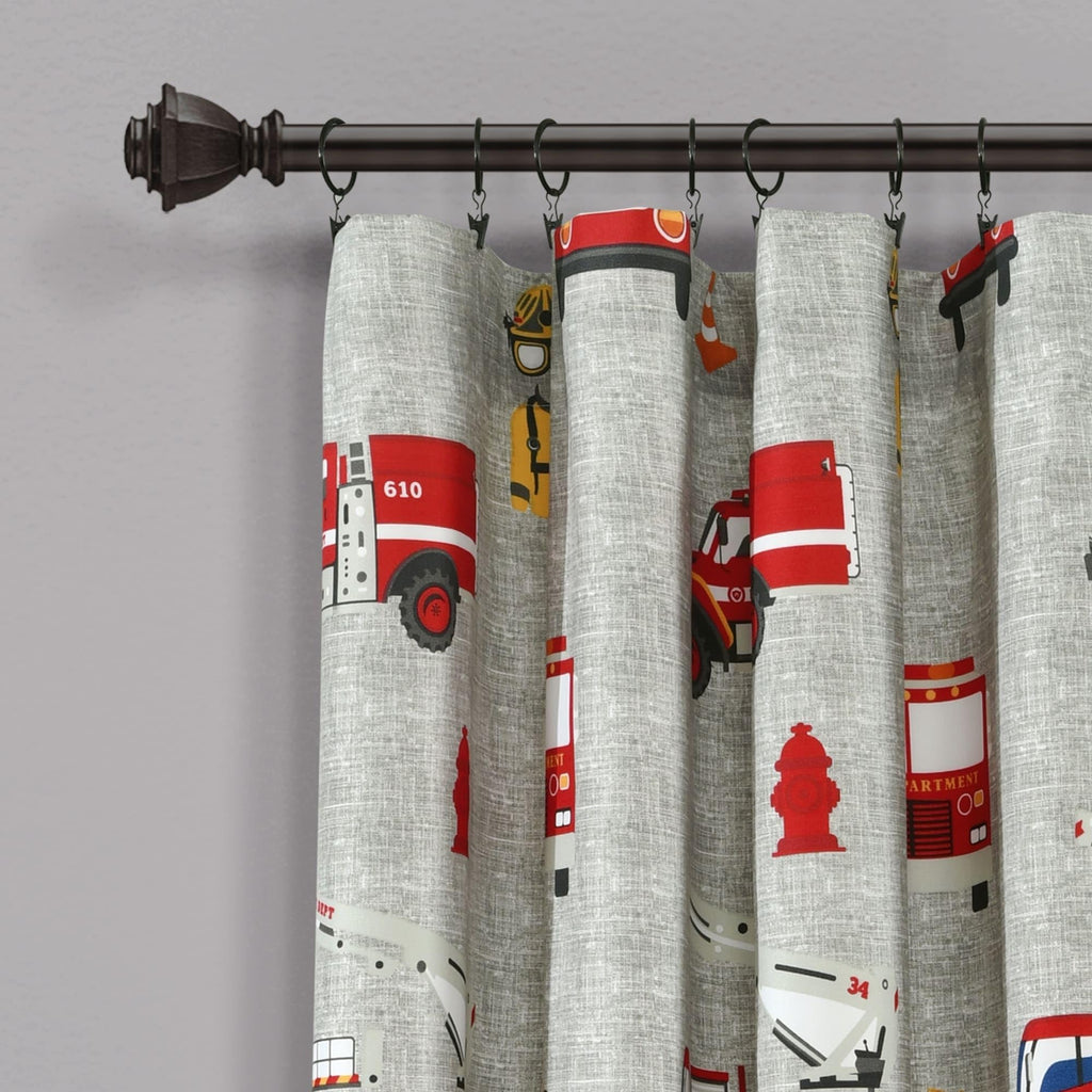 Lush Decor Fire Truck Window Curtain Panel, Pair, 52" W x 84" L, Red & Gray - Curtains for Kids Room