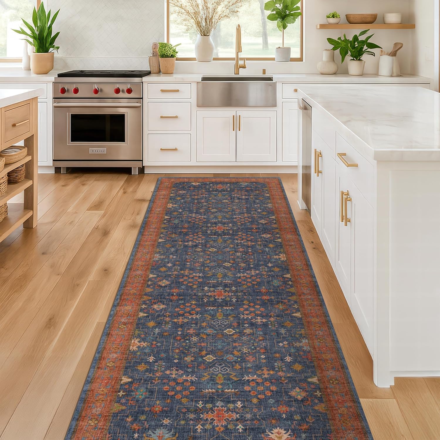 Skiennix Navy Blue Washable Runner Rug - 2'6" x 10' Non-Slip, Waterproof, Stain Resistant for Kitchen & Hallway