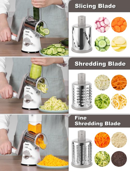 Geedel Rotary Cheese Grater Cheese Shredder with 5 Interchangeable Blades - Upgraded Rotary Grater Featuring Strong Suction Base for Cheese Shredding, Wavy Slicing, Nut Grinding, and Ice Shaving
