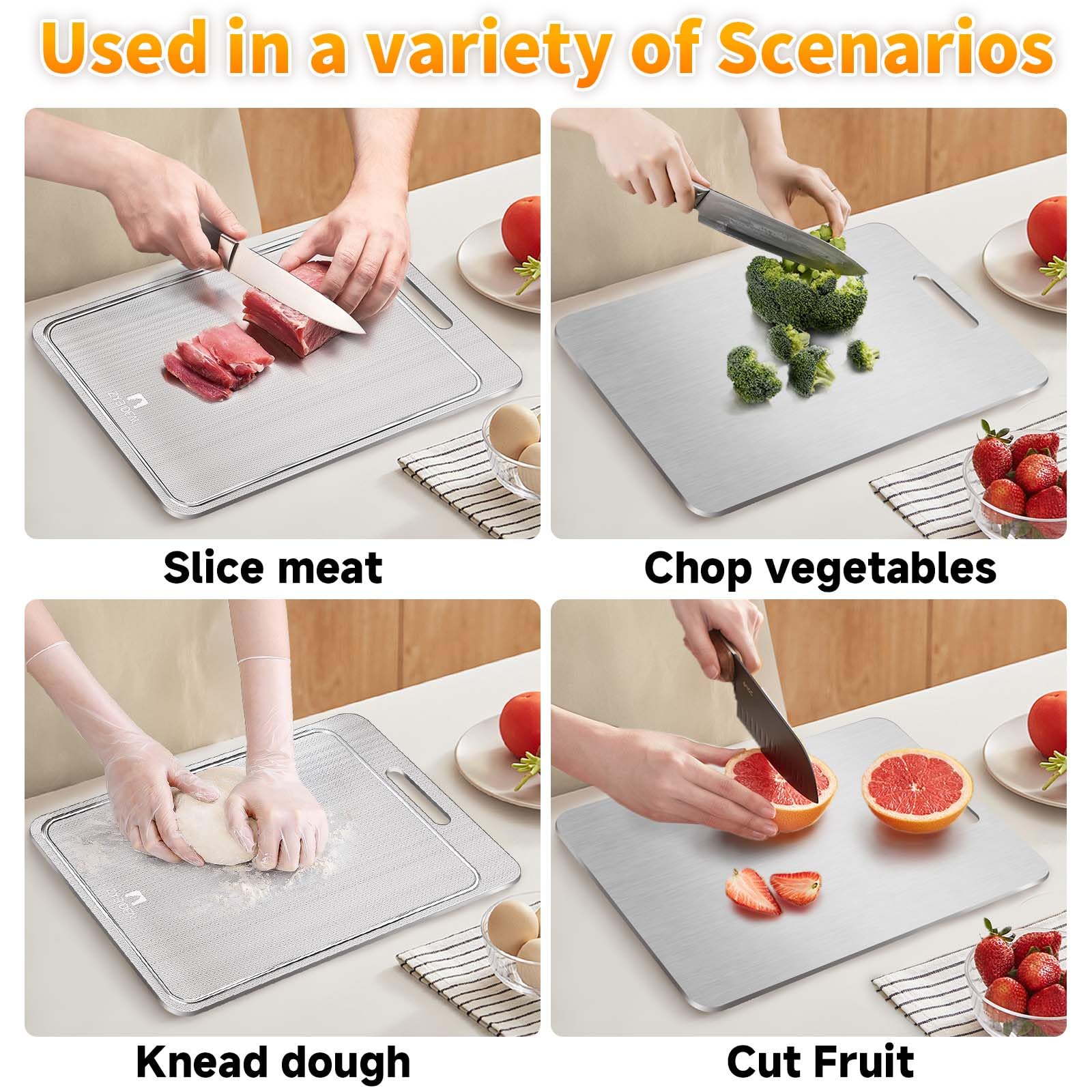 100% Pure Titanium Cutting Board with Groove, Scratch Resistant Chopping Board with Non-slip Pad for Kitchen, Titanium Cutting Boards for Vegetables and Meat, Dishwasher safe